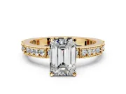 Solitaire Engagement Ring Setting for Emerald Cut Center with Milgrain-Edged Pave Band and Prong Head in Yellow Gold