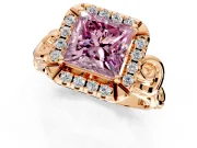 Halo Engagement Ring Setting for Fancy Pink Princess Cut Center with Open Scroll Shoulders and Prong Head in Rose Gold