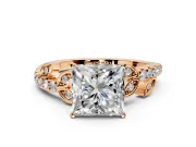 Leaf Motif Engagement Ring Setting for Princess Cut Center with Pave Band and Prong Head in Rose Gold