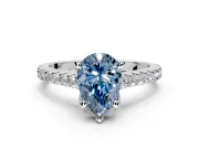 Solitaire Engagement Ring Setting for Fancy Blue Pear-Shaped Center with Widening Pave Band and Claw Prong Head in Sterling Silver