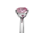 Hidden Halo Engagement Ring Setting for Fancy Pink Cushion Cut Center with Thin Rounded Band and Prong Head in Platinum