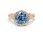 Halo Engagement Ring Setting for Fancy Blue Round Cut Center with Knife Ridge Cathedral Band and Prong Head in Rose Gold