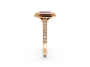 Halo Engagement Ring Setting for Fancy Pink Asscher Cut Center with Milgrain Pave Band and Bezel Head in Rose Gold