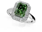 Halo Engagement Ring Setting for Fancy Green Radiant Cut Center with Plain Tapered Band and Prong Head in White Gold