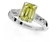 3 Stone Engagement Ring Setting for Fancy Yellow Emerald Cut Center with Tapered Baguettes, Plain Band and Prong Head in Platinum