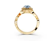 Halo Engagement Ring Setting for Fancy Blue Oval Center with Leaf Motif Split Shank and Prong Head in Yellow Gold