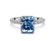 Hidden Halo Engagement Ring Setting for Fancy Blue Radiant Cut Center with Pave Band and Prong Head in White Gold