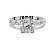 Cluster Engagement Ring Setting for Cushion Cut Center with Round Cut Accent Band and Prong Head in White Gold