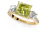 3 Stone Engagement Ring Setting for Fancy Yellow Princess Cut Center with Crossover Basket, Pave Band and Prong Head in Yellow Gold