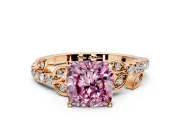 Leaf Motif Engagement Ring Setting for Fancy Pink Cushion Cut Center with Pave Band and Prong Head in Rose Gold
