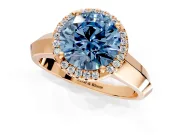 Halo Engagement Ring Setting for Fancy Blue Round Cut Center with Knife Ridge Cathedral Band and Prong Head in Rose Gold