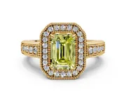 Milgrain Halo Engagement Ring Setting for Fancy Yellow Emerald Cut Center with Pave Band and Prong Head in Yellow Gold