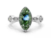 Vintage Station Engagement Ring Setting for Fancy Green Marquise Center with Accents and Prong Head in Sterling Silver