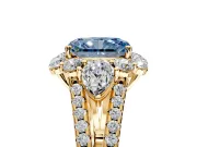 Halo Engagement Ring Setting for Fancy Blue Radiant Cut Center with Two-Strand Split Shank and Prong Head in Yellow Gold