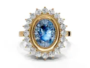 Halo Engagement Ring Setting for Fancy Blue Oval Center with Milgrain Bezel Rim, Plain Band and Prong Head in Yellow Gold