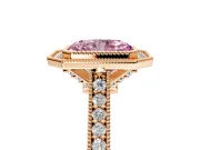 Halo Engagement Ring Setting for Fancy Pink Radiant Cut Center with Milgrain Pave Band and Bezel Head in Rose Gold