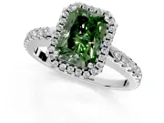 Accent Halo Engagement Ring Setting for Fancy Green Radiant Cut Center with Full-Length Pave Band and Prong Head in Platinum