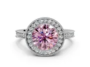 Halo Engagement Ring Setting for Fancy Pink Round Cut Center with Milgrain Halo, Pave Band and Prong Head in Sterling Silver