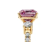 3 Stone Engagement Ring Setting for Fancy Pink Asscher Cut Center with Round Cut Side Accents and Prong Head in Yellow Gold
