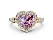 Halo Engagement Ring Setting for Fancy Pink Heart-Shaped Center with Heart-Shaped Openwork, Pave Band and Prong Head in Yellow Gold
