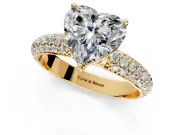 Solitaire Engagement Ring Setting for Heart-Shaped Center with Domed Multi-Row Pave Band and Prong Head in Yellow Gold