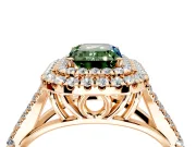 Double Halo Engagement Ring Setting for Fancy Green Emerald Cut Center with Narrow Pave Split Shank and Prong Head in Rose Gold