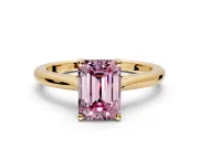 Solitaire Engagement Ring Setting for Fancy Pink Emerald Cut Center with Narrow Cathedral Band and Prong Head in Yellow Gold