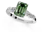 Bar-Set Engagement Ring Setting for Fancy Green Emerald Cut Center with Tapered Baguette Accents and Prong Head in White Gold