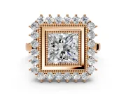 Halo Engagement Ring Setting for Princess Cut Center with Milgrain Bezel Rim, Plain Band and Prong Head in Rose Gold