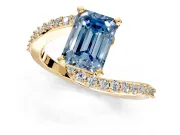Solitaire Engagement Ring Setting for Fancy Blue Emerald Cut Center with Pave Bypass Swirl Band and Prong Head in Yellow Gold
