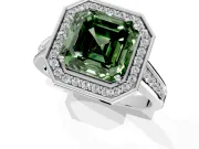Halo Engagement Ring Setting for Fancy Green Asscher Cut Center with Outer Bezel Rim, Pave Band and Prong Head in Platinum
