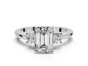 3 Stone Engagement Ring Setting for Emerald Cut Center with Wide Plain Band and Prong Head in Platinum
