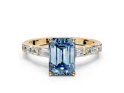 Baguette Engagement Ring Setting for Fancy Blue Emerald Cut Center with Alternating Bar-Set Band and Prong Head in Yellow Gold