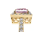 Halo Engagement Ring Setting for Fancy Pink Princess Cut Center with Heart-Shaped Openwork, Pave Band and Prong Head in Yellow Gold