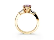 3 Stone Engagement Ring Setting for Fancy Pink Heart-Shaped Center with Channel Baguette Accents and Prong Head in Yellow Gold