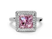 Halo Engagement Ring Setting for Fancy Pink Princess Cut Center with Plain Tapered Band and Prong Head in White Gold