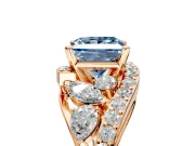 Halo Engagement Ring Setting for Fancy Blue Princess Cut Center with Marquise and Pave Bypass Band and Prong Head in Rose Gold