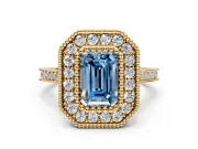 Halo Engagement Ring Setting for Fancy Blue Emerald Cut Center with Milgrain Frame, Pave Band and Prong Head in Yellow Gold