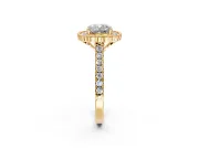 Milgrain Floral Halo Engagement Ring Setting for Cushion Cut Center with Pave Band and Prong Head in Yellow Gold