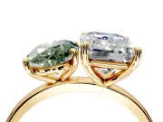 Fancy Green Oval and Emerald Cut Lab-Grown Diamond Toi et Moi Engagement Ring with Prong-Set Stones in Yellow Gold