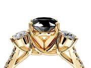 3 Stone Engagement Ring Setting for Fancy Black Oval Center with Crossover Basket, Pave Band and Prong Head in Yellow Gold