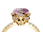 Halo Engagement Ring Setting for Fancy Pink Heart-Shaped Center with Openwork Halo, Pave Band and Prong Head in Yellow Gold