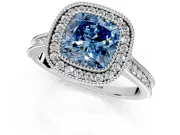 Halo Engagement Ring Setting for Fancy Blue Cushion Cut Center with Milgrain Pave Band and Bezel Head in Platinum