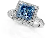 Halo Engagement Ring Setting for Fancy Blue Princess Cut Center with Inner Milgrain Border and Prong Head in Platinum