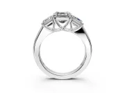 3 Stone Engagement Ring Setting for Asscher Cut Center with Raised Basket Heads and Prong Head in Platinum
