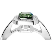 Bezel-Framed Halo Engagement Ring Setting for Fancy Green Emerald Cut Center with Pave Band and Prong Head in Sterling Silver