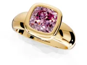 Solitaire Engagement Ring Setting for Fancy Pink Cushion Cut Center with Wide Band and Bezel Head in Yellow Gold