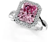 Halo Engagement Ring Setting for Fancy Pink Radiant Cut Center with Twist Band and Prong Head in Platinum