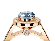 Halo Engagement Ring Setting for Fancy Blue Oval Center with Outer Bezel Rim, Pave Band and Prong Head in Rose Gold