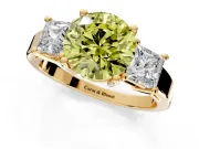 3 Stone Engagement Ring Setting for Fancy Yellow Round Cut Center with Matching Side Accents and Prong Head in Yellow Gold